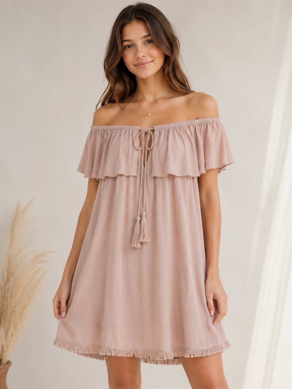 Easel Blush/taupe Off-the-Shoulder Ruffle Swing Dress Boho size L